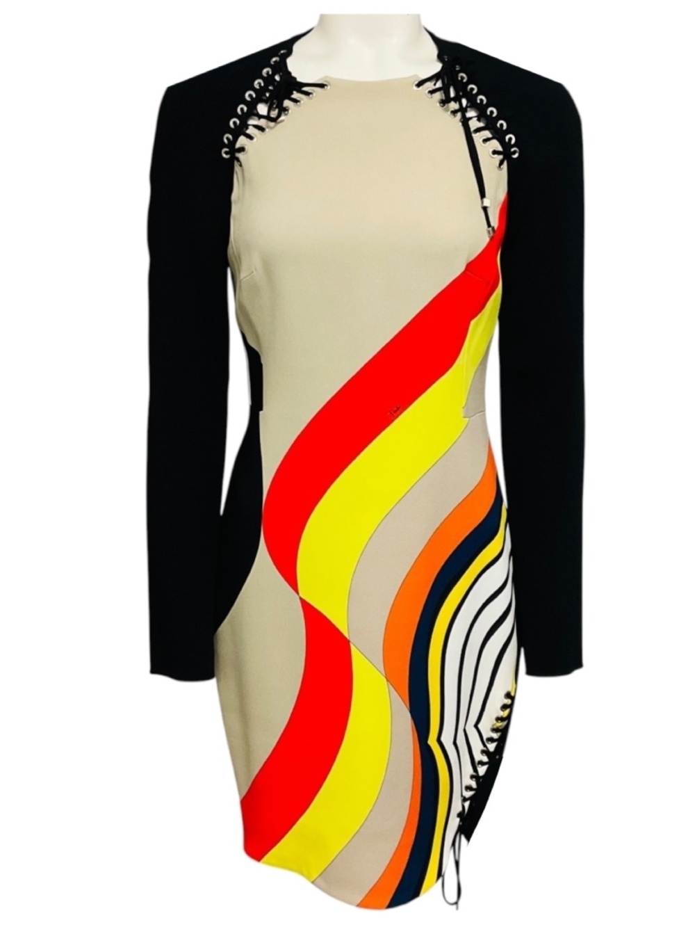 EMILIO PUCCI BLACK / BEIGE MULTI PUCCI PRINT LONG SLEEVED CREPE DRESS WITH LACE